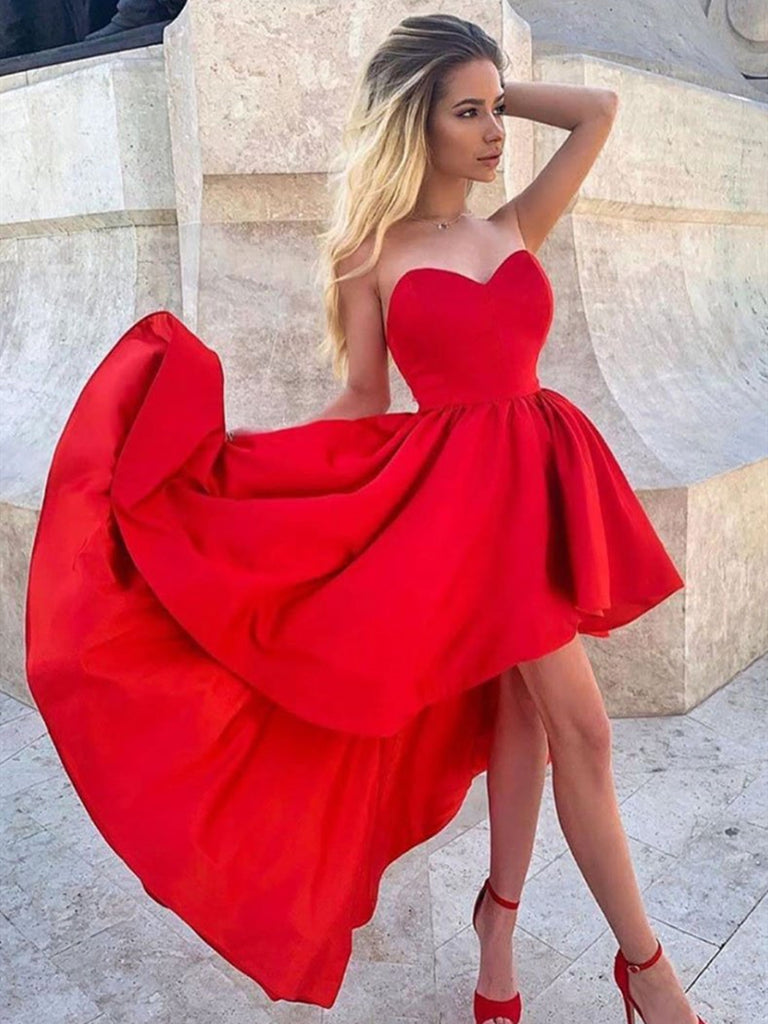 Red Satin High Low Prom Dresses, Red ...